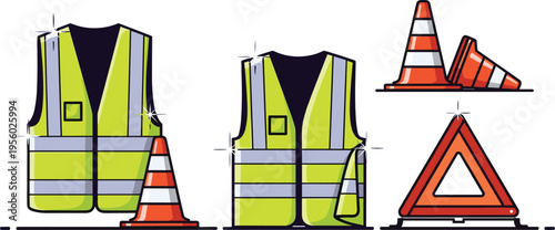 Safety vest and traffic cones with warning triangle road construction equipment vector illustration protective gear and signage set