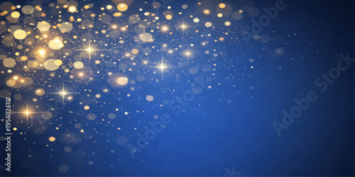 Abstract a mesmerizing background featuring a radiant display of shimmering golden light, gracefully cascading against a deep blue canvas, exuding an aura of elegance and enchantment.