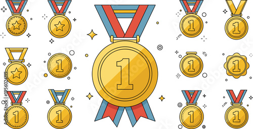 Gold winner medals collection with ribbons number one award vector illustration achievement victory prize icons set for competition design