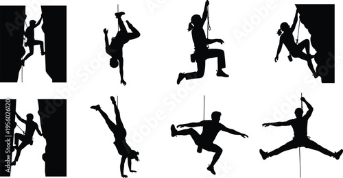 Rock climber silhouette illustration set, climbing harness rope adventure sport artwork, extreme outdoor vector design concept