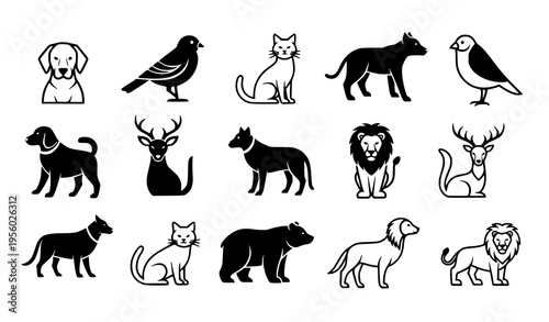 Black and White Animal Icons Vector Collection Minimal Wildlife Illustration Set