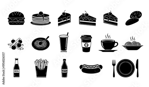 Diner Food Icon Set Vector with Burger Pancakes Spaghetti Coffee and Restaurant Meal Symbols