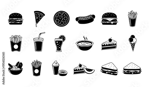 Food Icons Vector Set on White Background Minimal Restaurant and Fast Food Symbols