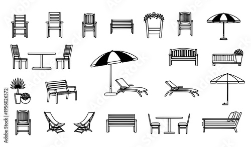 Outdoor Garden Furniture Icons Vector Set Chairs Tables and Patio Elements