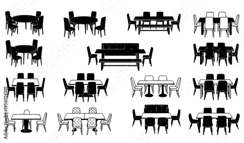 Dining Setup Variations Vector Collection with Different Tables and Chair Layouts