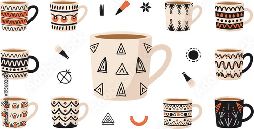 Boho style coffee mugs with tribal patterns hand drawn vector illustration ethnic cups collection artistic drinkware design set