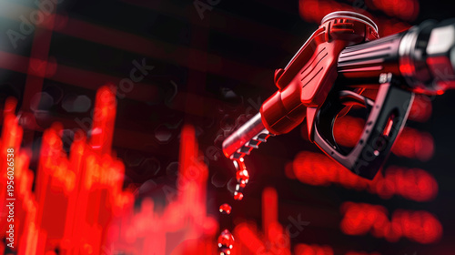 gasoline fuel nozzle with graph chart of the energy business market on a global industrial shortage crisis periods.  	