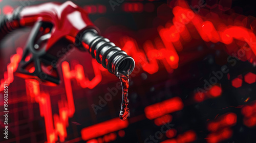 gasoline fuel nozzle with graph chart of the energy business market on a global industrial shortage crisis periods.  	