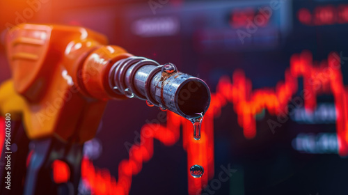 gasoline fuel nozzle with graph chart of the energy business market on a global industrial shortage crisis periods.  	