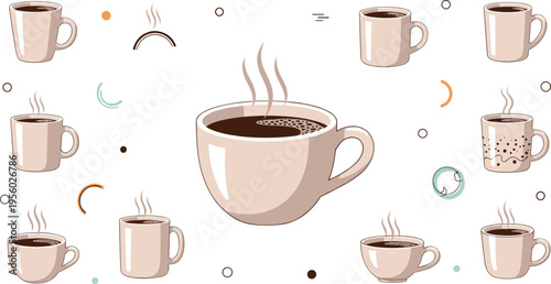 Steaming coffee cups collection minimal flat vector illustration cozy hot drink mugs seamless pattern modern cafe design elements