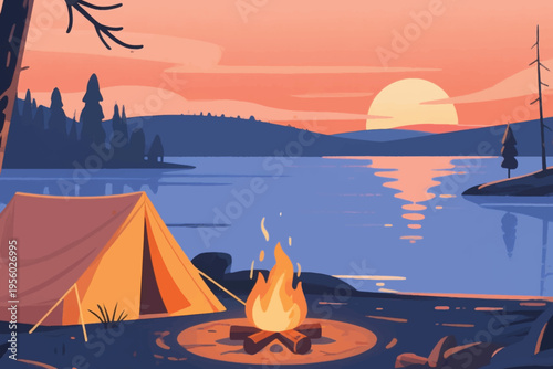 Illustration Of A Morning View Of The Mountains With A Campfire In A Camping Area By The Lake Vector Design Template