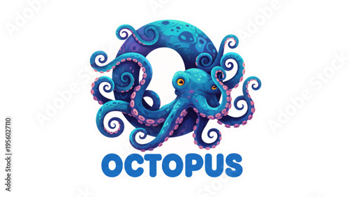 Abstract vector design featuring an ornate blue bird and octopus silhouette with colorful floral waves and sea elements for nature-themed art decoration