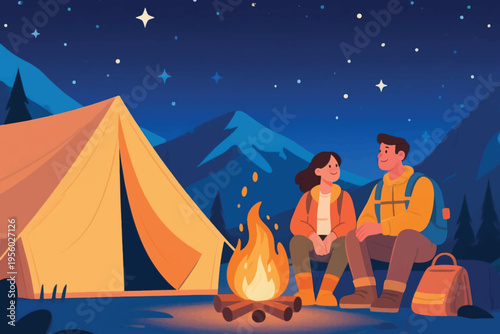 Illustration Of A Boy And Girl Hiking Together While Resting Near A Campfire And Campsite Vector Design Template