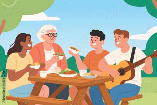 Illustration Of A Group Of Teenagers Accompanying Their Grandmother Who Is Eating Together In The Park With A Man Playing The Guitar Vector Design Template