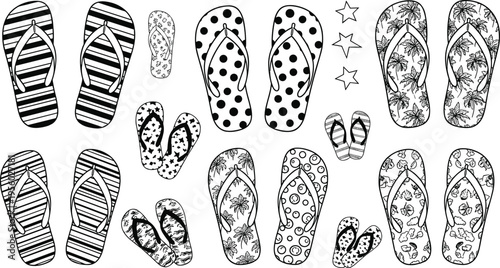 Flip flops patterns collection black and white outline vector illustration summer beach sandals decorative designs set