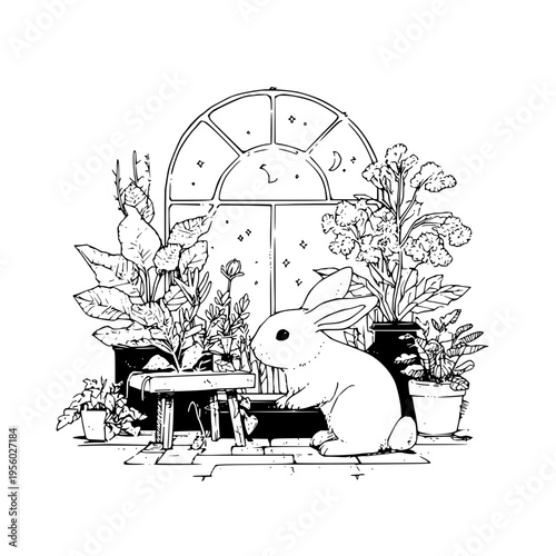 Charming hand drawn illustration of a fluffy white bunny rabbit sitting on a cobblestone path next to a small wooden stool surrounded by lush potted plants and flowers