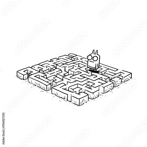 Whimsical cartoon creature with large eyes and ears stands perplexed at the entrance of a complex hand drawn maze symbolizing confusion and the challenge of finding a solution