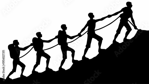 A group of people pulling each other up a mountain