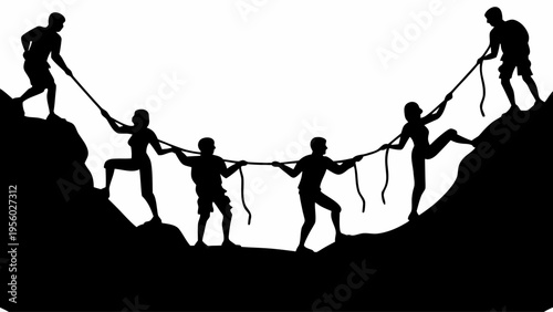 A group of people pulling on ropes to climb up a mountain