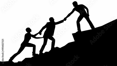 Three people helping each other climb a steep hill