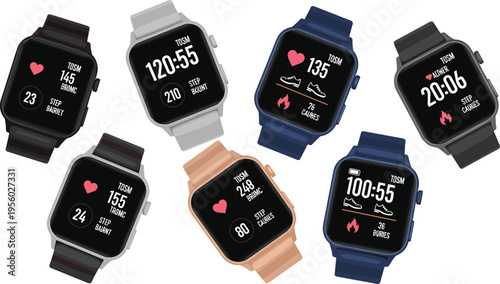 Smartwatch devices collection with fitness tracking screens modern wearable technology vector illustration digital watches set isolated design