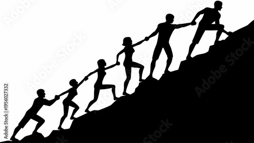 A group of people helping each other to climb a steep hill