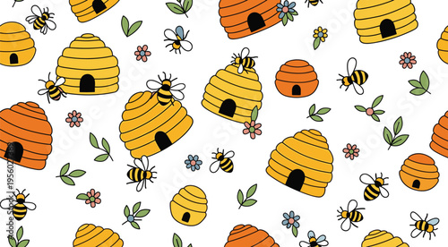 Seamless beehive pattern with bees flowers and leaves cute vector illustration nature background for fabric wallpaper and packaging design