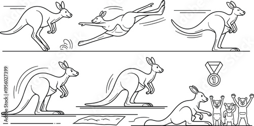Kangaroo jumping sequence outline vector illustration wildlife motion set with different poses and action frames minimal design