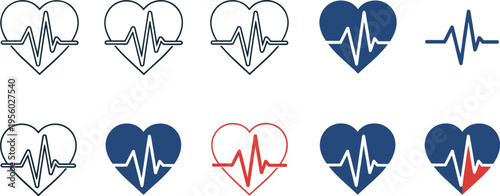 Heartbeat line heart icons set medical cardiology pulse symbols vector illustration healthcare monitoring elements for web and UI design