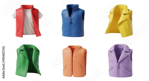 collection of miniature colorful vests and a t-shirt arranged on a white background fashion design or art