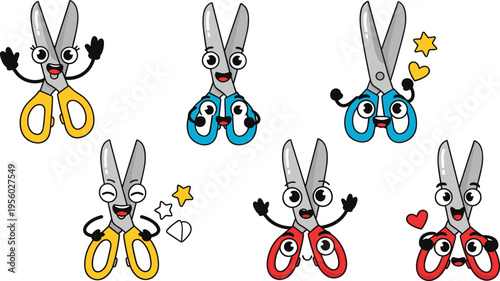 Cute scissors cartoon characters collection with funny expressions colorful vector illustration playful stationery mascots for kids design