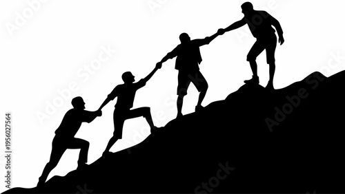 Four people helping each other climb a steep hill