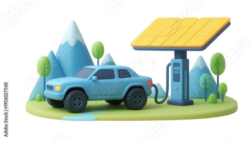 A vector cartoon illustration of a green eco car with solar panels traveling on a city road through a summer landscape of trees and houses to represent sustainable energy and environment transportatio
