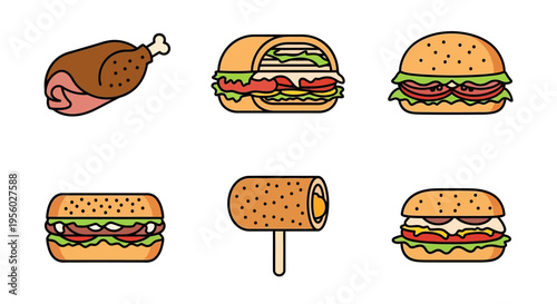 Delicious fast food collection with chicken, burgers, sandwiches, and snacks isolated.