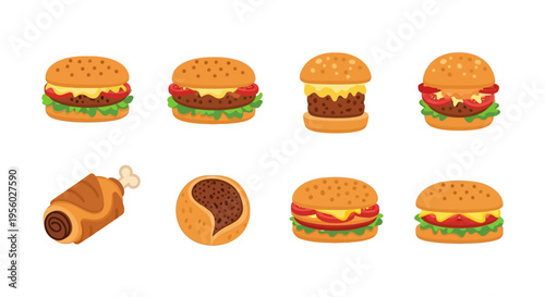 Delicious and appetizing burgers with various ingredients and toppings, isolated on white.