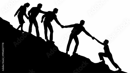 Silhouette of people helping each other to climb a steep hill