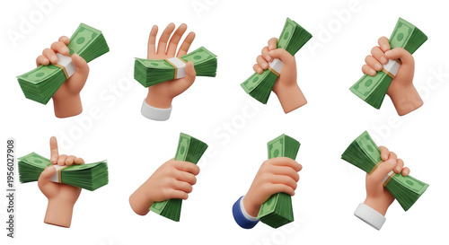 various cartoon hands hold bundles of cash on a white backdrop finance wealth and money related concepts