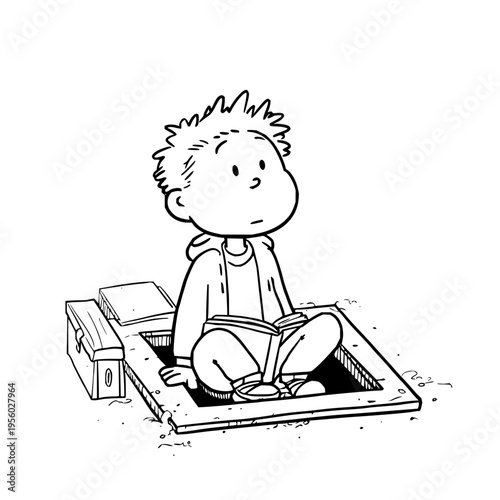 Whimsical cartoon boy with spiky hair engrossed in reading a book while sitting cross legged inside an open manhole cover with a small toolbox nearby depicted in a charming black