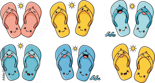Cute kawaii flip flops characters with smiling faces colorful summer sandals vector illustration playful beach footwear set