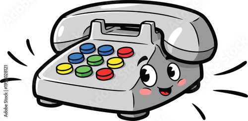 Cute retro telephone cartoon character with colorful buttons smiling vintage communication device vector illustration playful tech mascot design