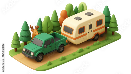 Red and green toy truck and car models on a road and white background for 3d transport shipping delivery and vehicle traffic illustration vector icons