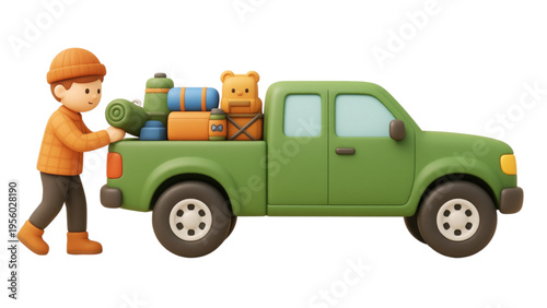 A cartoon illustration of a little boy playing with a vintage toy pick-up truck and a classic retro motor vehicle