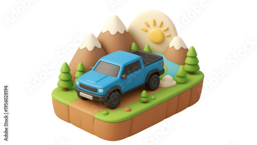 A cartoon vector illustration of a family car driving on a green summer road under a blue sky with sun and clouds, representing an eco-friendly travel trip through a nature landscape