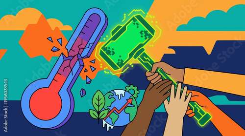 Diverse people using green technology hammer to break thermometer fighting climate change