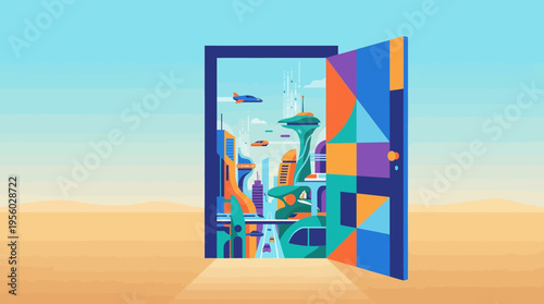 Open door in desert landscape revealing colorful futuristic smart city concept of new opportunity