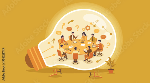 Business team having a brainstorming meeting inside a giant glowing lightbulb concept of creative ideas