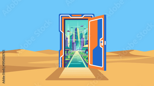 High tech portal door opening in desert to futuristic smart city gateway to the future concept