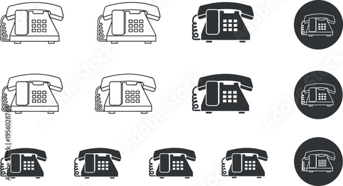 Retro landline telephone icons set monochrome vector illustration vintage communication devices collection for web and UI design