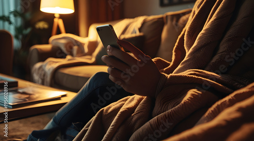 Close-Up of Person Using Smartphone on Couch in Cozy Evening Living Room