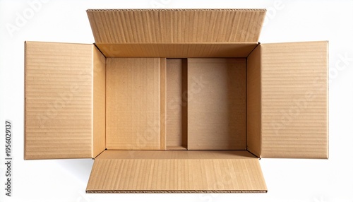 Open empty brown cardboard box on white background